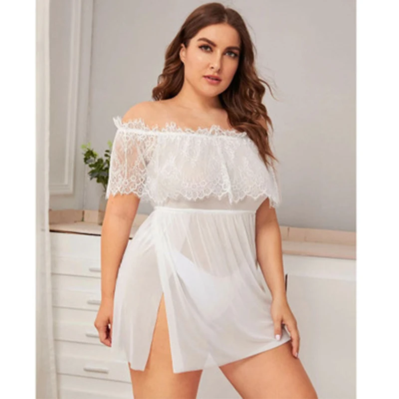 Lace Mini Night Dress Ladies Fat Gowns Women Porn Dress Sexy Lingerie Off Shoulder Sleep Wear Nightgown Lingerie Porno Plus Size