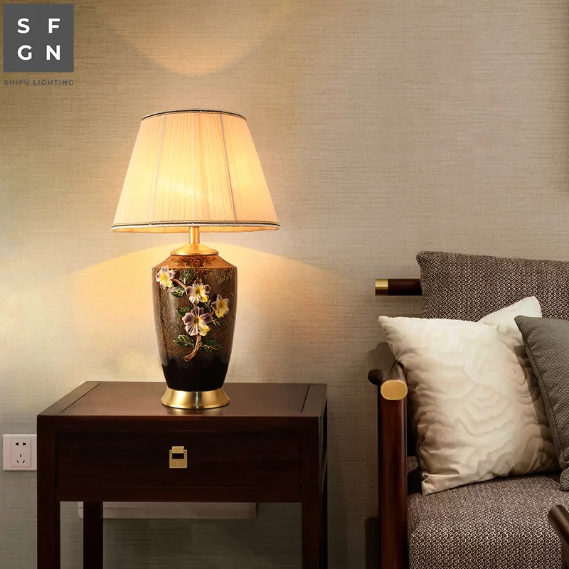 Copper table lamp American style for living room Jingdezhen Enamel ceramic lamp luxury Bedroom bedside lamp decorated led lamps