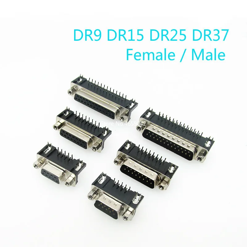 5Pcs DR9 DR15 DR25 DR37 Hole/Pin Female/Male right angle Welded d-sub Connector RS232 serial port adapter DB 9/15/25/37 pin