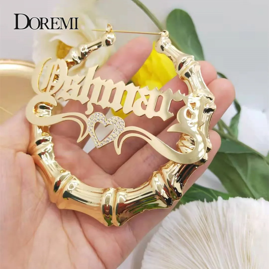 DOREMI Bling Heart Name Bamboo Earrings Custom Hoop Bamboo Names Earrings Letter  Big Personalised Name Earrings Women Gift