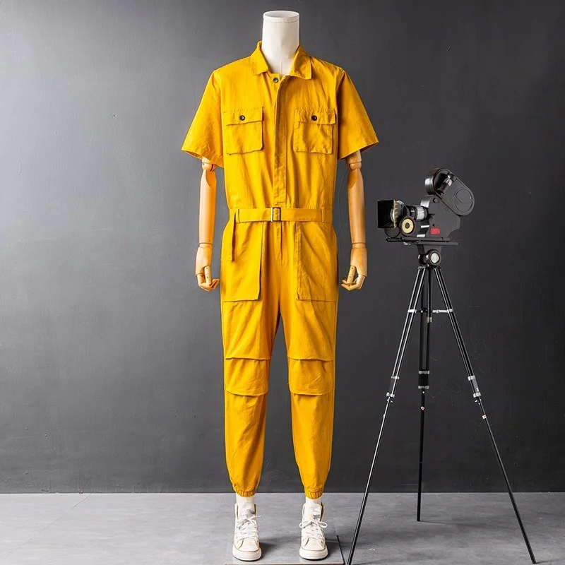 

Style Japanese Vintage Biker Turn-Down Collar Short Sleeve Casual Playsuit Mens Summer New Jumpsuits Fashion Male Overalls