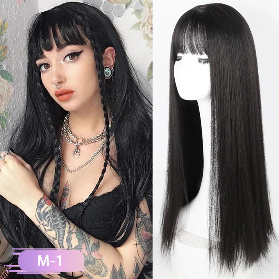 My-Diva Black Brown Long Straight Synthetic Wigs for Women Natural Wave Wigs with Bangs Heat Resistant Cosplay Hair