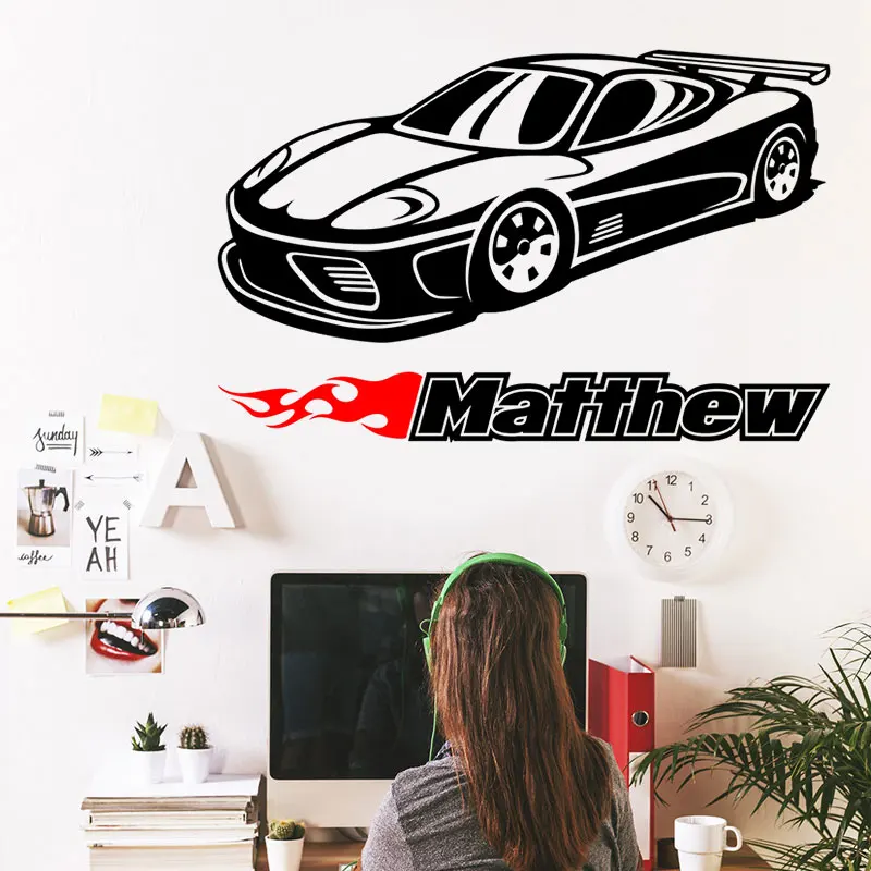 

Car Wall Stickers Sports Racing Custom Name Vinyl Stickers Home Kids Room Decoration Customizable Name Wall Stickers diy27