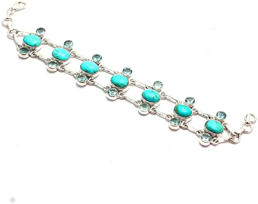 

Genuine Mohave Turquoise + Blue Topaz Bracelet 925 Sterling Silver, 18 cm, GRP0357