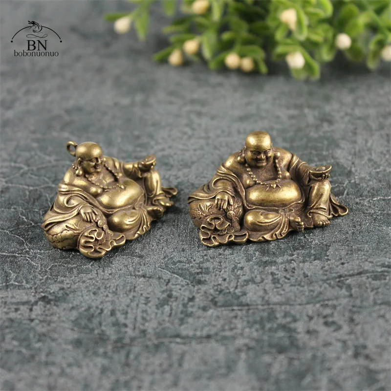 Estatua de Buda Maitreya, adorno de cobre de escritorio, artesanía, figuritas en miniatura de latón, decoraciones para el hogar, gran vientre de bronce antiguo