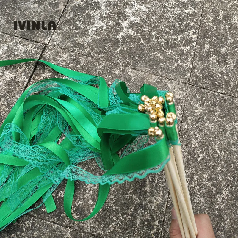 

Hot 50pcs/lot dark green Wedding Ribbon Wands and big Bells for wedding decoration