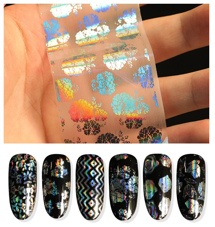 

HNUIX 8 Pieces Nail Foil Transparent Paper Colorful Nail Leaves Pink Stripe Flower DIY Laser Glitter Nail Adhesive Sticker