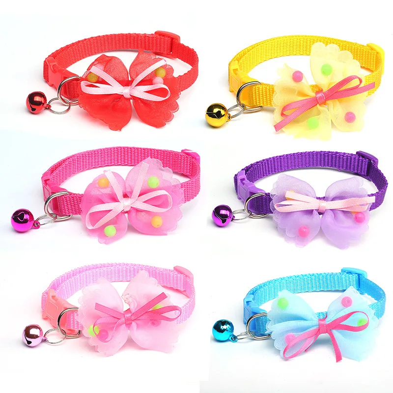 

100Pcs/Lot Bow Tie Cat Collar Pet Supplies Cat Necklace Adjustable Collar Bell Colorful Pet Collar