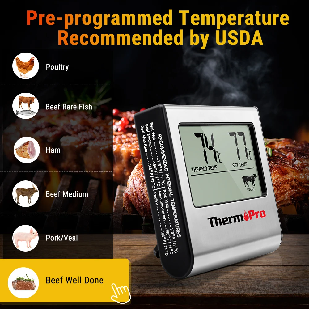 Thermopro TP16 LCD Digital Cooking Food Thermometer BBQ Meat Thermometer For Oven Smoker Clock Timer with Stainless Steel Probe