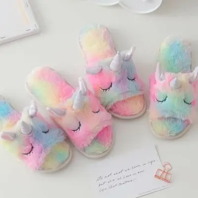 House Women Fur Slippers Cute Colorful Unicorn Cartoon Cozy Home Grils Gifts Slippers Indoor Warm Plush Ladies Fluffy Shoes