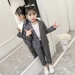 Fashion Wedding Kids Suit for Girls Formal Pant Suits for Teenagers 2PCS Blazer Set Brand Plaid Children Blazer 4 5 7 9 11 13T