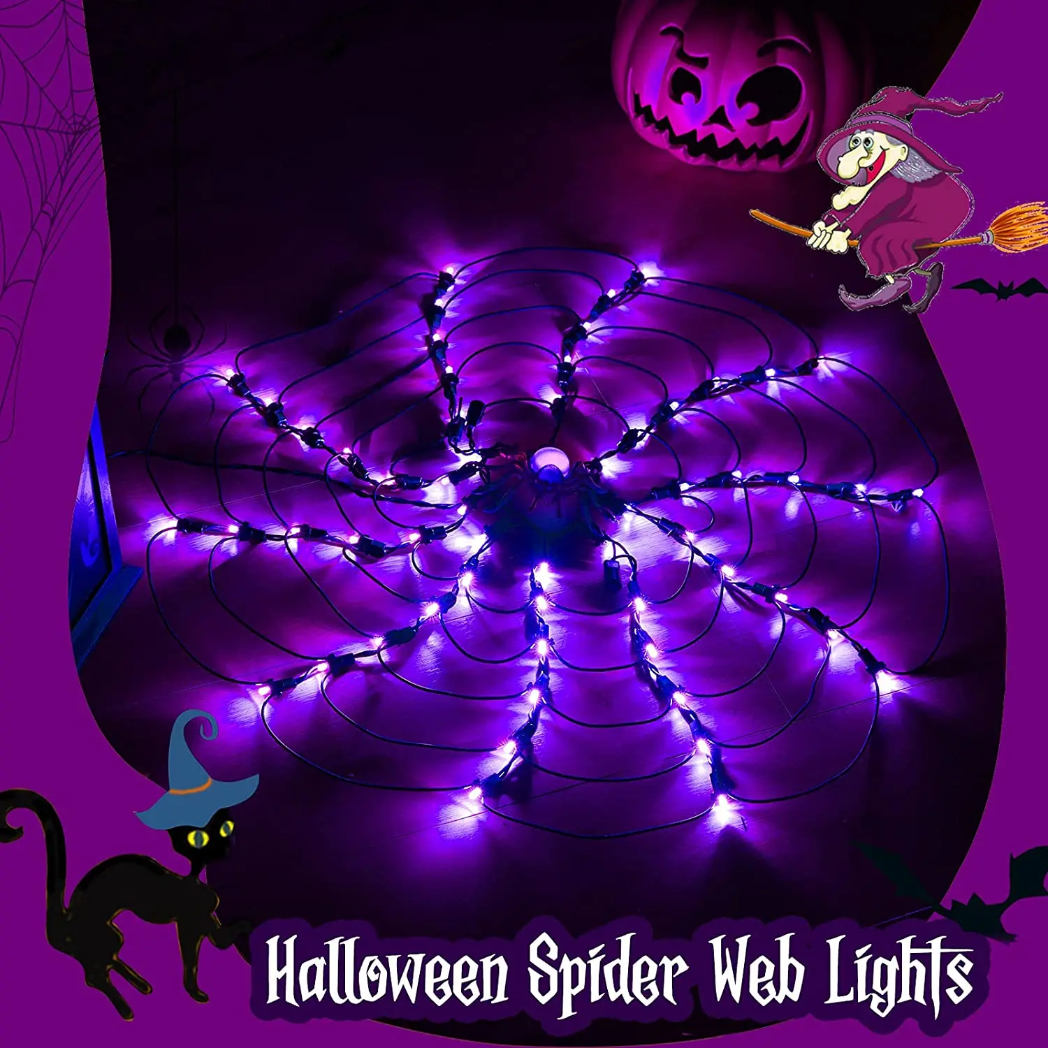 LED Halloween Spider Web Light Battery Powered 2 Mode Spider Light Halloween Party Indoor Waterproof Outdoor Decoration Light