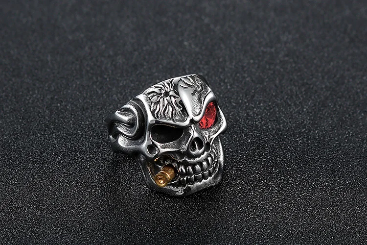 Mens Ring Stainless Steel Hip Hop Punk Ring Domineering Red Eye Skull Bite Bullet Ring Jewelry Gift