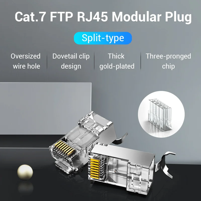 Vention RJ45 Connector Cat7 RJ45 Modular Ethernet Cable Head Plug Gold-plated Cat6 Crimp Network RJ45 Crimper Connector Cat7