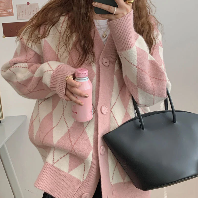 

Cardigan Women Knitted Sweater Argyle Loose Sweater Single Breasted Student Lovely Knitwear Korean Oversize Cardigan Winter Tops