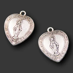 15pcs Silver Plated Catholic Heart Shaped Virgin Mary Pendants Retro Bracelet Metal Accessories DIY Charms Jewelry Crafts Making