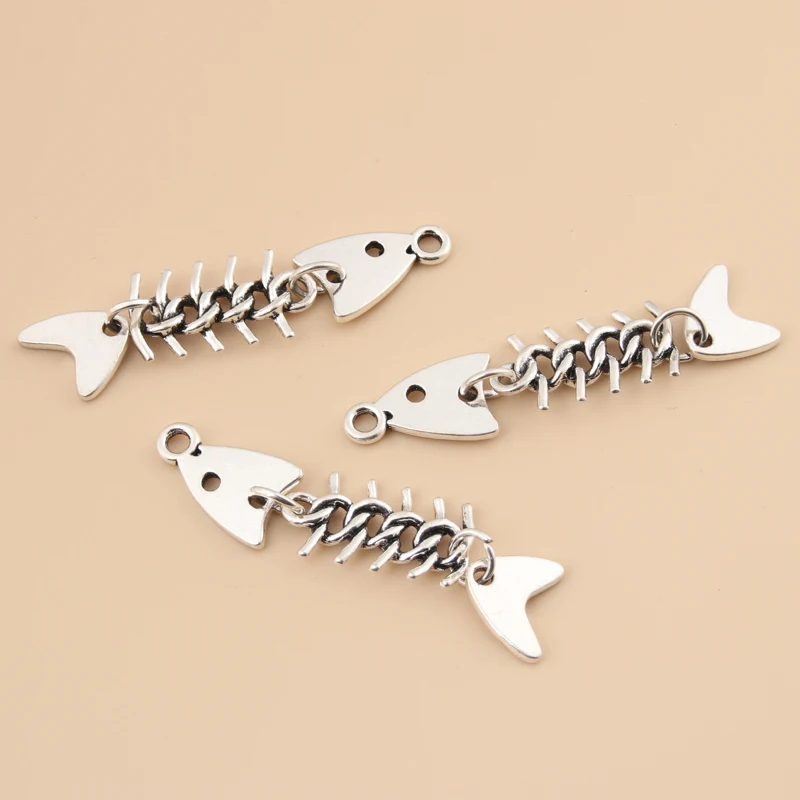 10pcs Silver Color 46x11mm 3D Fishbone Charms Fish Pendant Fit DIY Handmade Metal Punk Jewelry Making Finding Supplies