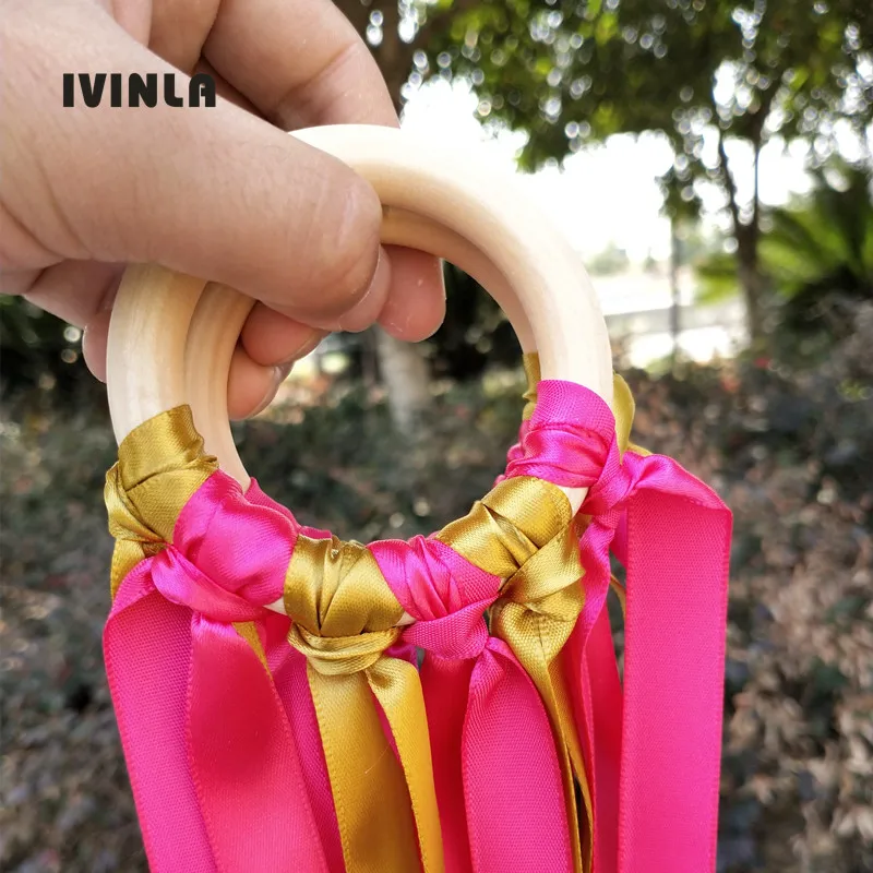 

20pcs gold and fushia Stain ribbon Wooden Ring Waldorf Hand Kite Toy