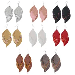Multilayer Glitter Faux Leather Teardrop Leaf Earrings Black Red White Brown Layered Drop Earrings For Women Fashion