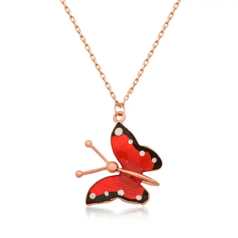 Silver Red Butterfly Necklace 925 Sterling Women Fine Jewelry Wedding Party Birthday Gift - Box - Pendant - Chain Choker - Female - Ladies - Fashion