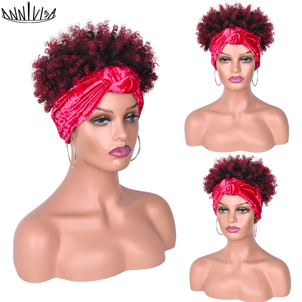 Pendek Afro Kinky Keriting Sintetis Puff Wig untuk Wanita Hitam Tali Ikat Kepala Ombre Wig Serat Suhu Tinggi Rambut Annivia