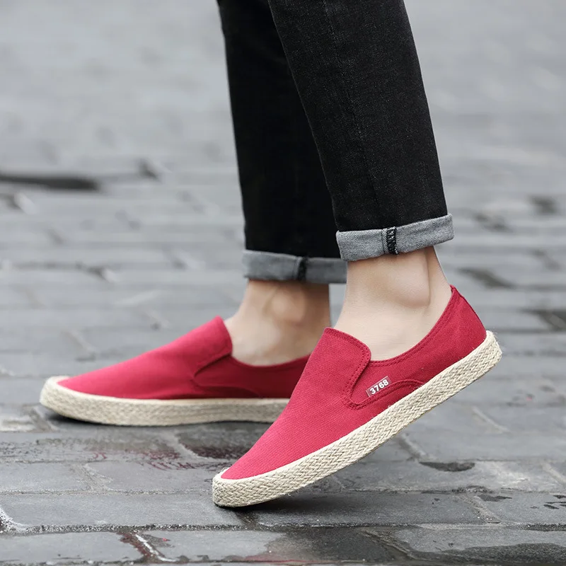 2021 New Men's Casual Shoes Spring and Autumn Flat Bottom Moccasin Low Slip Canvas Light Rope Deodorant Casual Driving Shoes