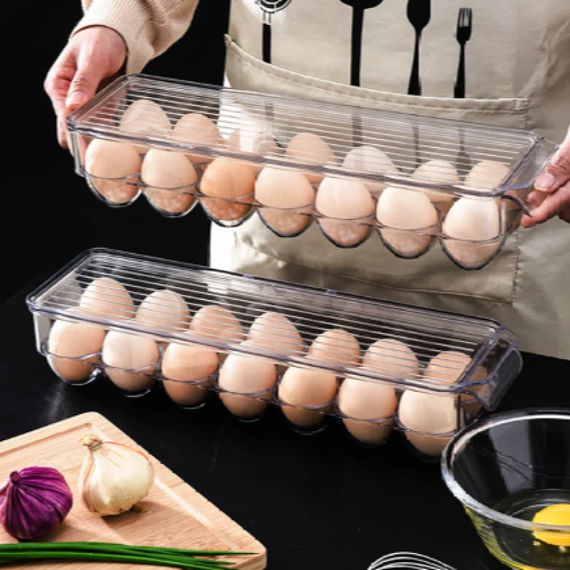 1pc Stackable Kitchen Egg Holder with Lid and handles – Kitchen Refrigerator Storage Container, 14 Grid Egg Tray, Clear