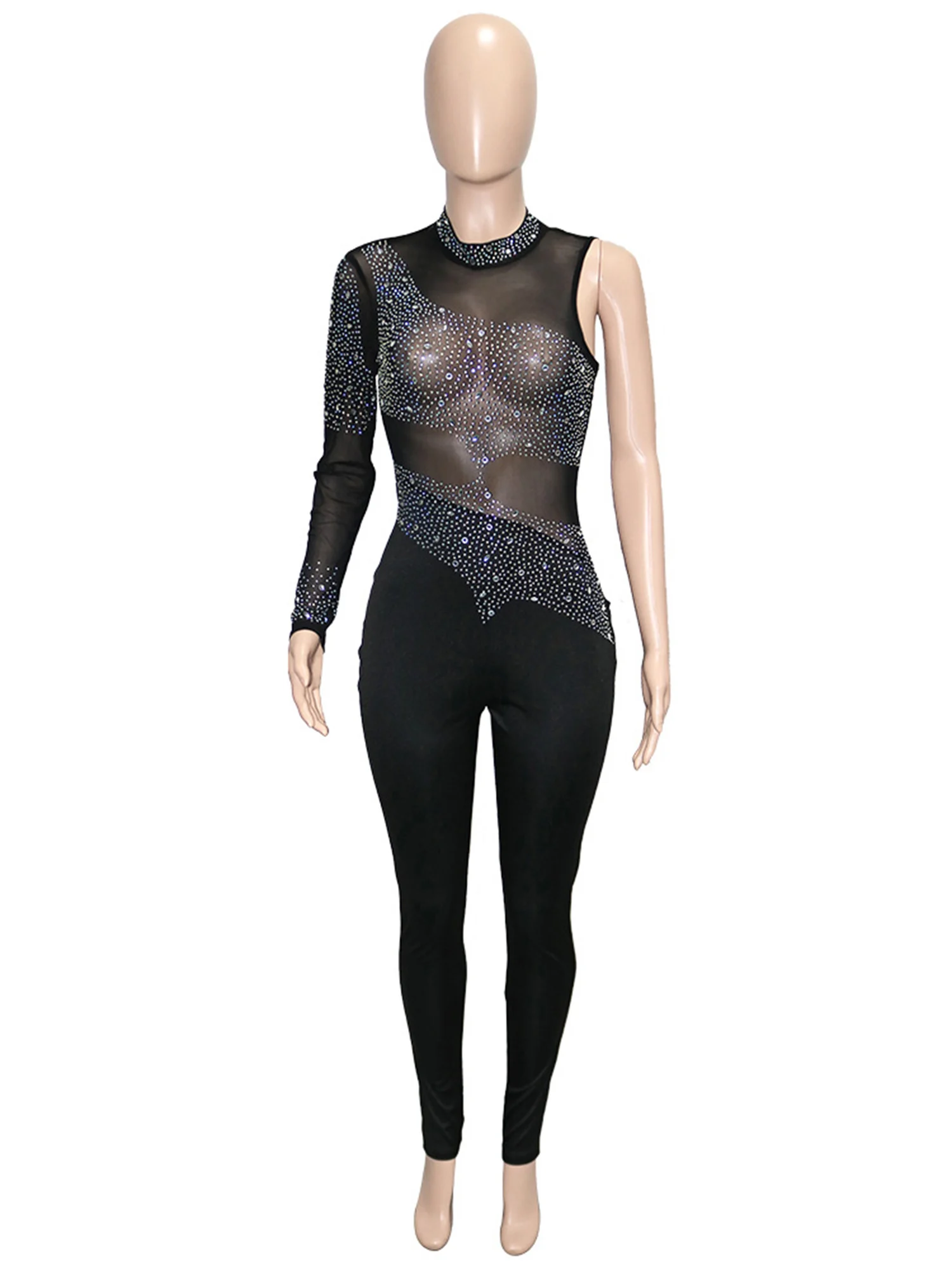 Womens Sparkling Rhinestone Body Jumpsuit Mesh Single Long Sleeve Ballet Gymnastics Leotard Fitness Sports Figure Skating Suit