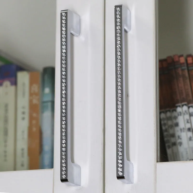 96 128 160 192mm modern fashion luxury K9 crystal kitchen cabinet wardrobe door handle silver chrome drawer cupboard knob handle