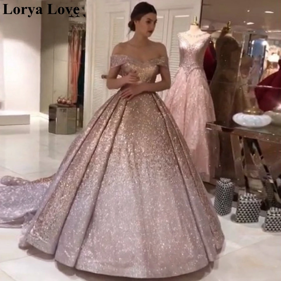 Cekiny różowa suknia balowa formalne suknie wieczorowe 2022 Sparkle Robe De Soiree cekiny Off Shoulder suknie na bal maturalny długa błyszcząca sukienka Maxi