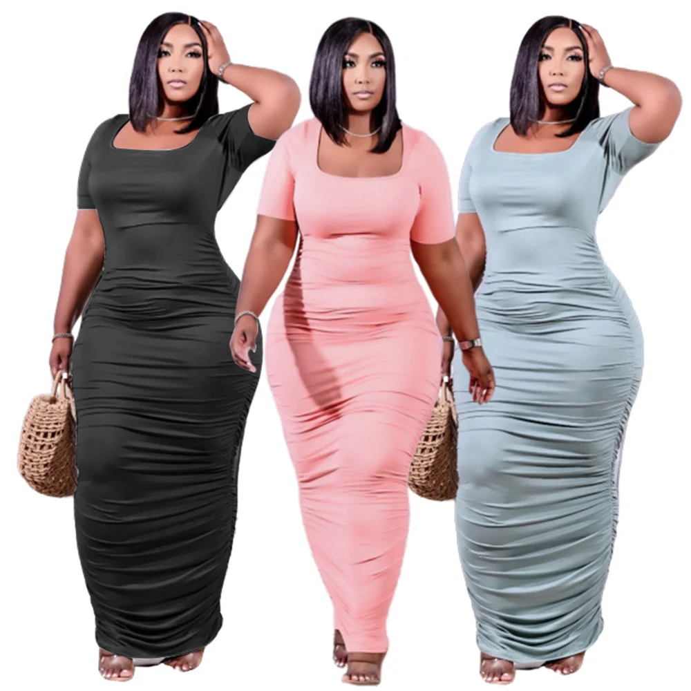 Plus Size 5XL Solid Folds Dress Floor Length Round Neck 2021 Summer Fashioh Sexy Festival Clothing  Wholesale Dropshipping