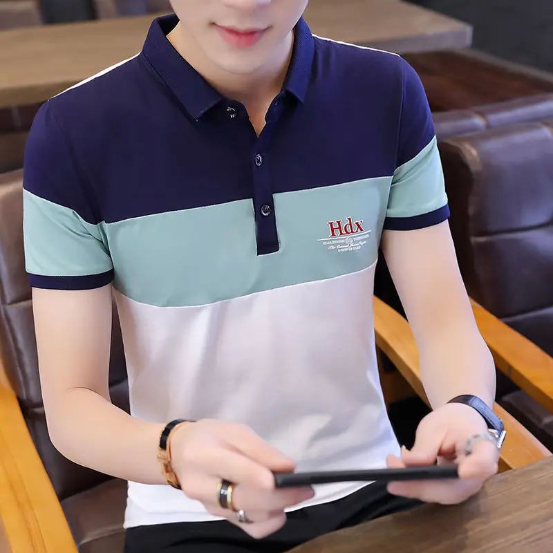 95% Cotton Summer Men\'s Short-Sleeved T-shirt Korean Lapel Polo Shirt Youth Undershirt Trendy Men\'s Wear Tops