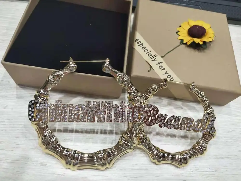 DOREMI Bling Tên Tre Bông Tai Tùy Chỉnh Hình Thang Vòng Tre Tên Bông Tai Chữ Lớn Personalised Tên Bông Tai Nữ Gift