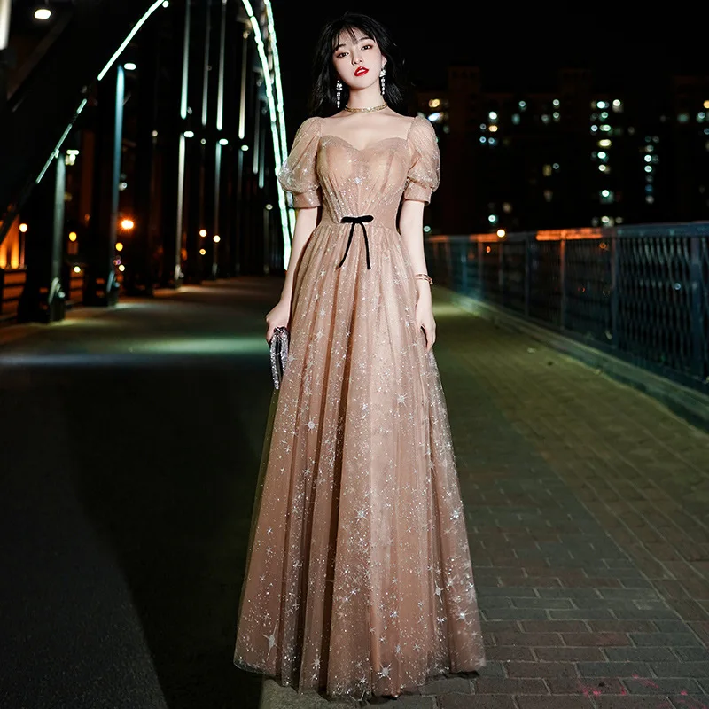 

Champagne Evening Dress for Women 2021elegant Fairy Dream Look Thin and Long Birthday Party Banquet Prom Vintage Skirt A101