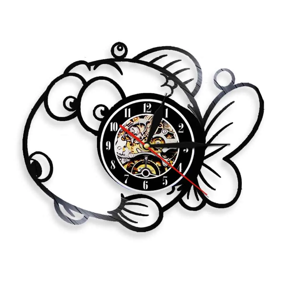 Golden Fish Wall Clock Cartoon Fish Sea Animal Vinyl Record Wall Clock 3D Watches Nursery Hanging Home Decor For Children's Room