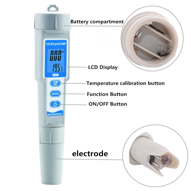 수족관용 TDS/PH/EC/온도계 PH-3508, 백라이트 포함, 방수 디지털 수질 모니터 테스터, 4 in 1