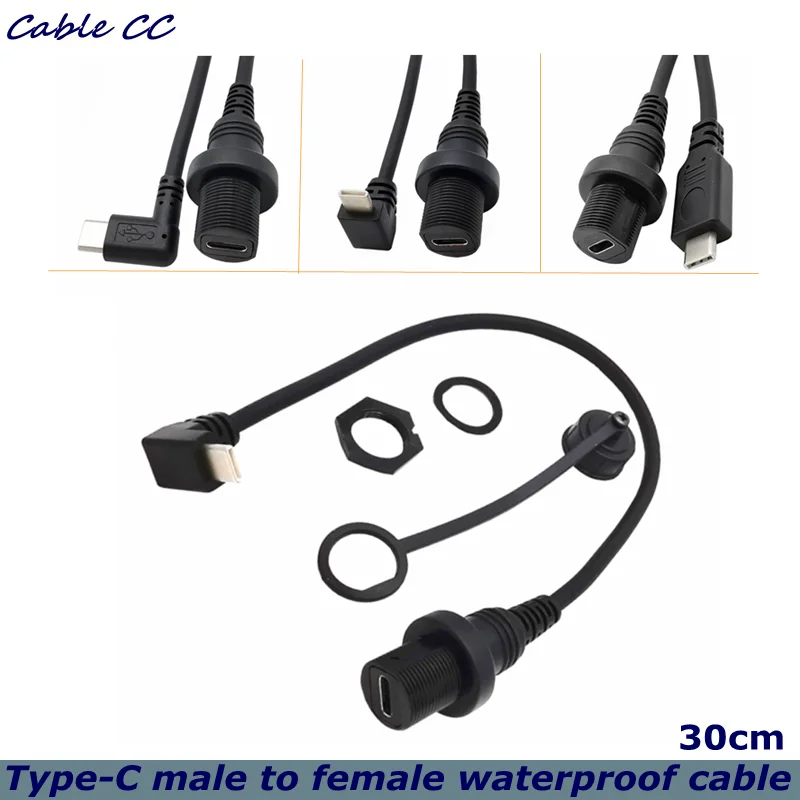 USB-C IP67 waterproof cable type c 3.1 90 degree male to female panel car ship dashboard installation connector extension cable