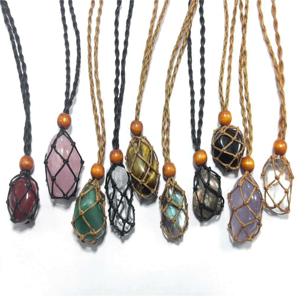 Necklace Cord Empty Stone Holder Crystal Quartz Necklace Cord Healing Fish Netted Indians Amulets Pendant Raw Stone Chakra Point
