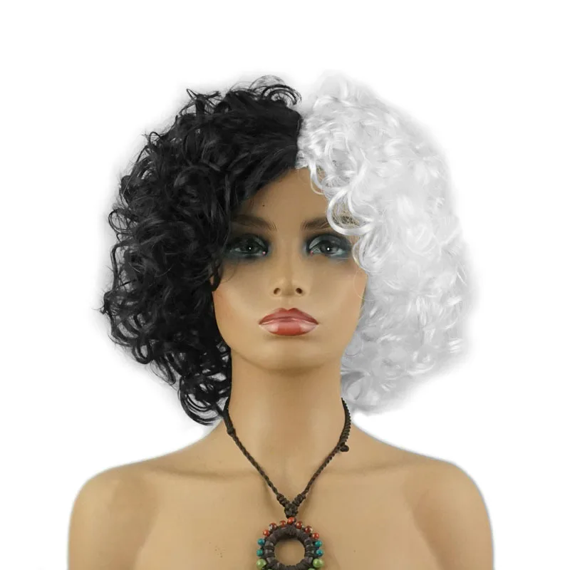 

Anime Cosplay One Hundred and One Dalmatians Cruella De Vil Kuila Half Black Half A Hundred Small Short Curly Cos Wig Wigs Cap