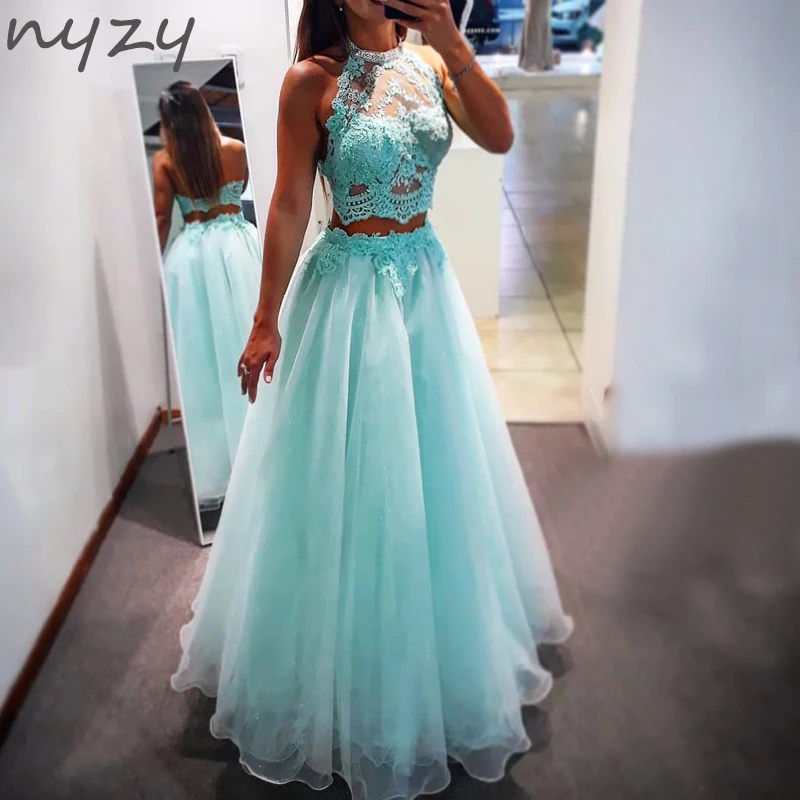 

P12 NYZY Halter Lace 2 Piece Prom Dresses 2021 Turquoise Party Dress Cocktail Graduation Homecoming