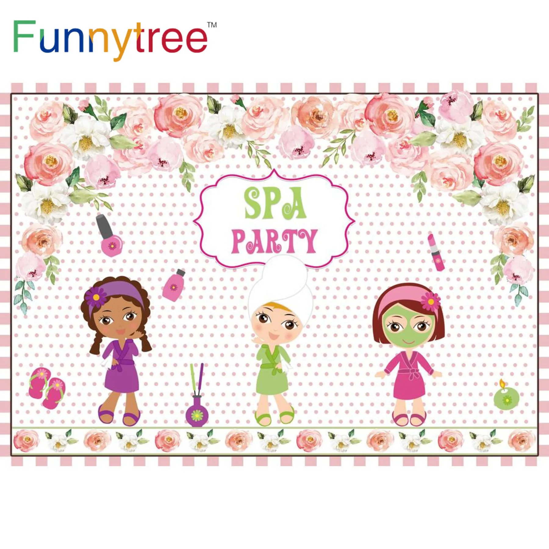 Funnytree Girls Spa Party Backdrop Beauty Bar Sign Personalized Custom Background Flowers Leaves Pink Pamper Photozone Decor