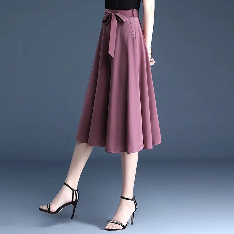 FairyShely 2024 Women Long New Spring Summer Thin Skirt Elastic Band High Waist Skirt Purple Maxi Office Lady Belt Skirt