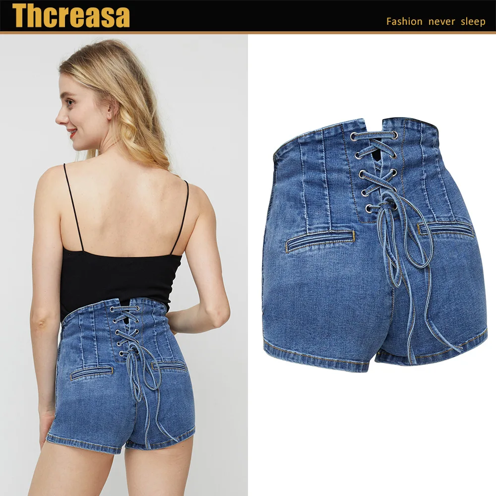 

Simple Temperament High Waisted Jeans Women's Tie Up Waist and Buttocks Show Thin Jeans Shorts Women's Hot Pants