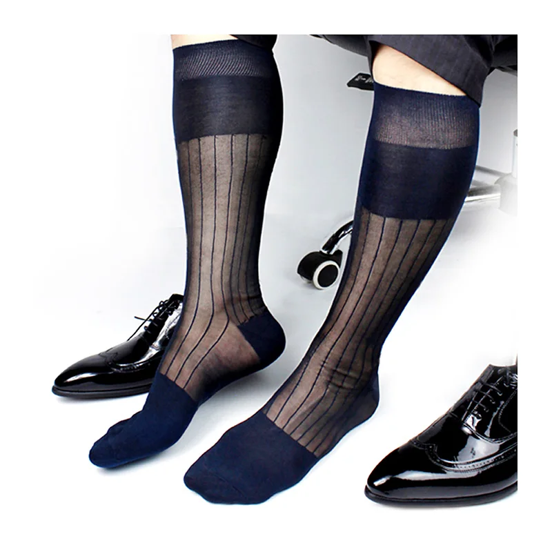 Super Quality Men TNT Nylon Silk Socks Sheer Formal Dress Socks Sexy Gay Transparent Stripe Business TNT Socks