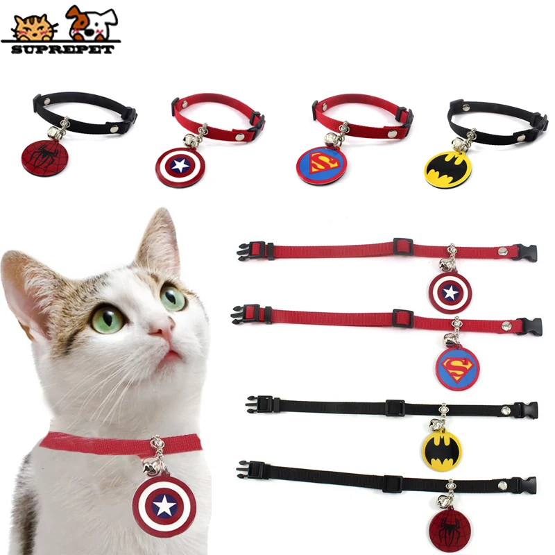 SUPREPET Cat Puppy Collar Nylon Black and White Adjustable Strap Collar With Bell and 4 Types Super Heros Tag