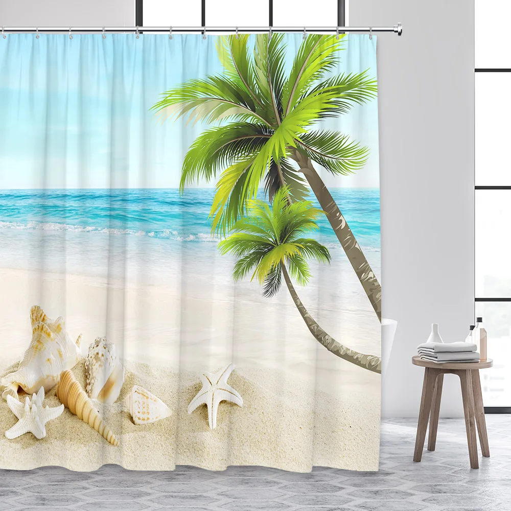 Hawaii Beach Palm Trees Scenery Shower Curtain Set Green Tropical Plant Ocean Natural Landscape Fabric Bathroom Decor with Hooks