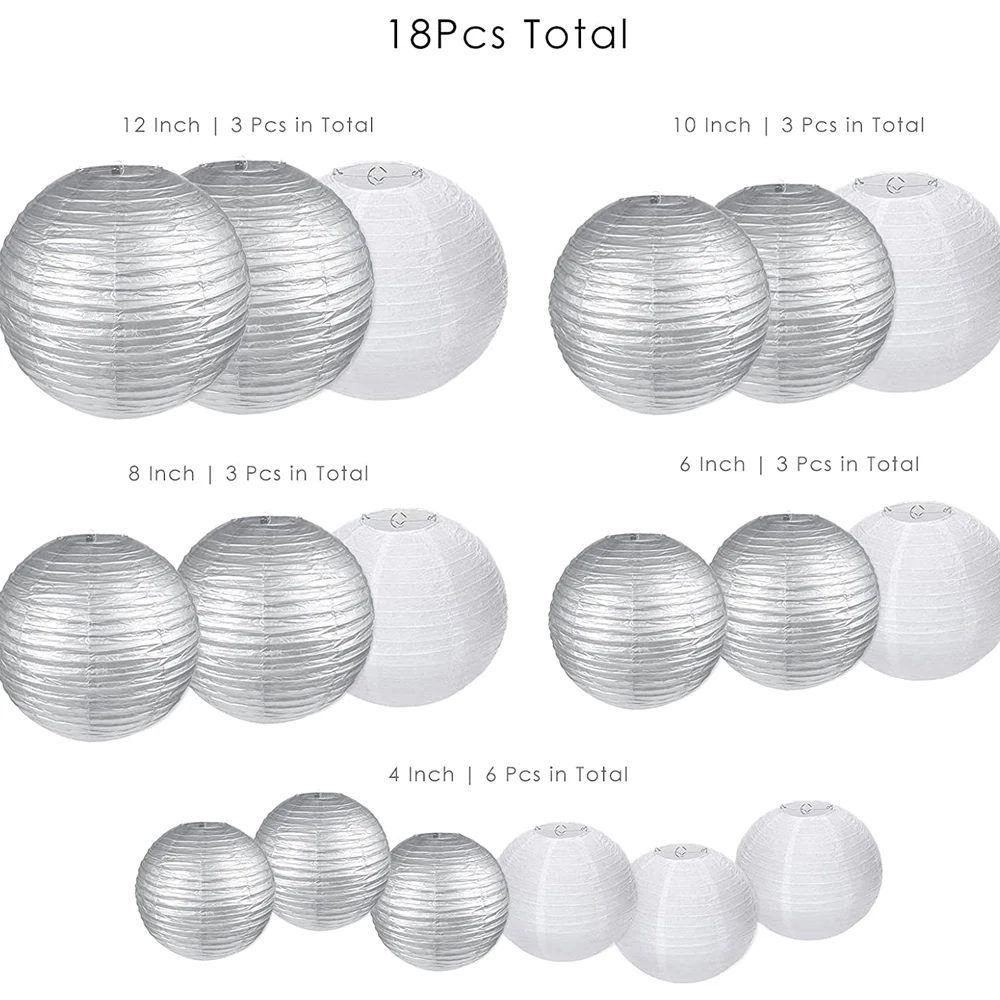 18PCS White Silver Paper Lantern Assorted Hanging Paper Ball for Wedding New Year Birthday Baby Shower Party Favor Supply Decor