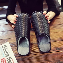 Brand Plaid Leather Handmade Men House Slippers Winter Slip On Soft Comfort Black Brown Bedroom Indoor Flat Men Shoes 2022