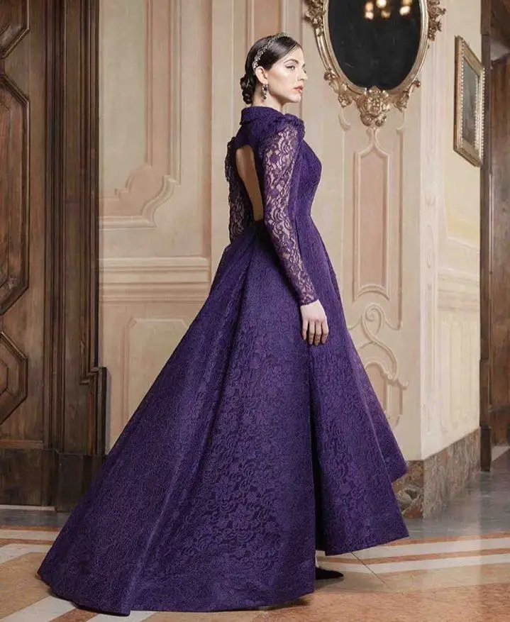 Elegant Purple Long Sleeve V-Neck Lace Evening 2018 High Quality Formal Women Special Occasion Gown mother of the bride dresses