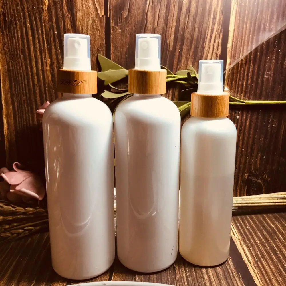 

Natural 250ml white bottle bamboo shampoo cap Shower Gel plastic bottle with bamboo disc cap 250ml 500ml bamboo spray bottle 8oz